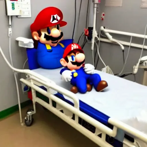 Image similar to super mario sleeping in a hospital bed