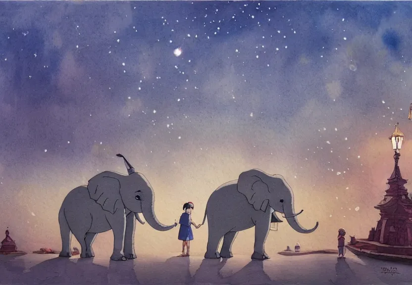 Image similar to a hyperrealist watercolor concept art from a studio ghibli film showing a giant grey dumbo the elephant. a hindu temple is under construction in the background in india on a misty and starry night. by studio ghibli. very dull muted colors