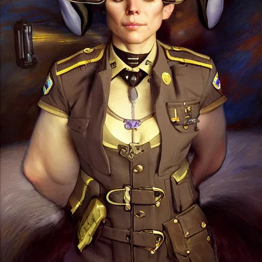 Image similar to portrait of a female furry bunny face in a police uniform. shadowrun furaffiniy cyberpunk fantasy highly detailed painting by gaston bussiere craig mullins jc leyendecker gustav klimt artgerm greg rutkowski john berkey, bergey, craig mullins, ruan jia, raymond swanland, jeremy mann, tom lovell, alex malveda