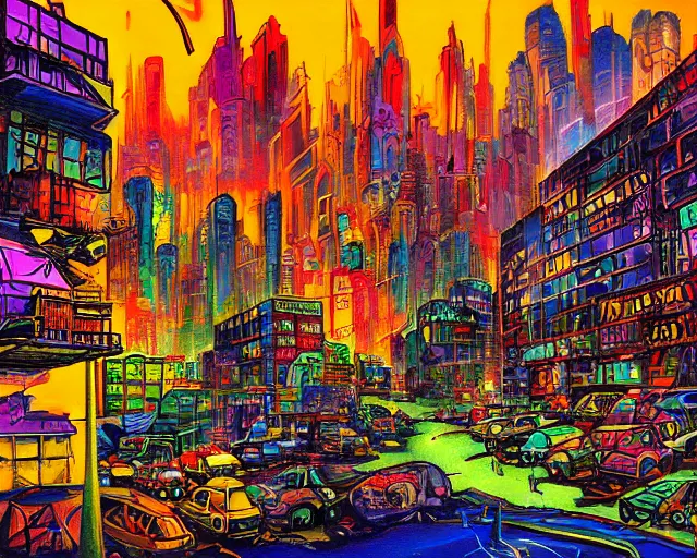 Image similar to surreal colorful nightmarish cityscape, artwork by ralph bakshi