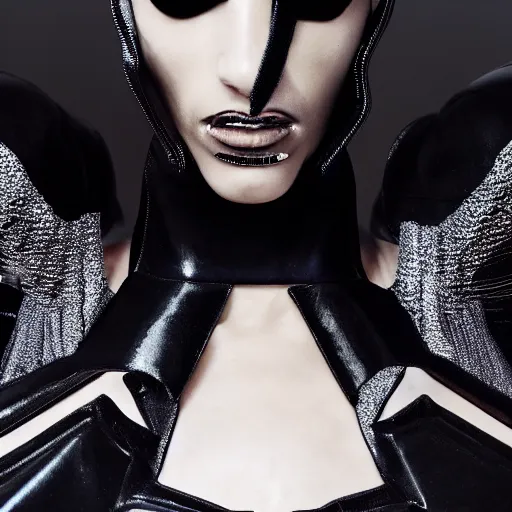 Image similar to close up of a fashion model with black Thierry Mugler dress in cyberpunk style, official Thierry Mugler editorial, fall-winter 2015-2016, highly detailed