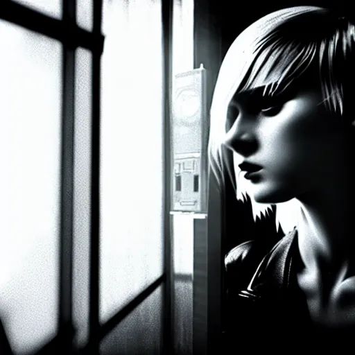 Image similar to worried, runaway beautiful replicant looking through the window in a dirty abandoned factory, short spiky blonde hair, cyberpunk outfit, still from closed circuit tv footage, high angle