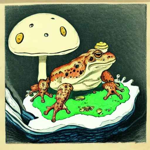 Prompt: A toad seated on an amanita-colored throne