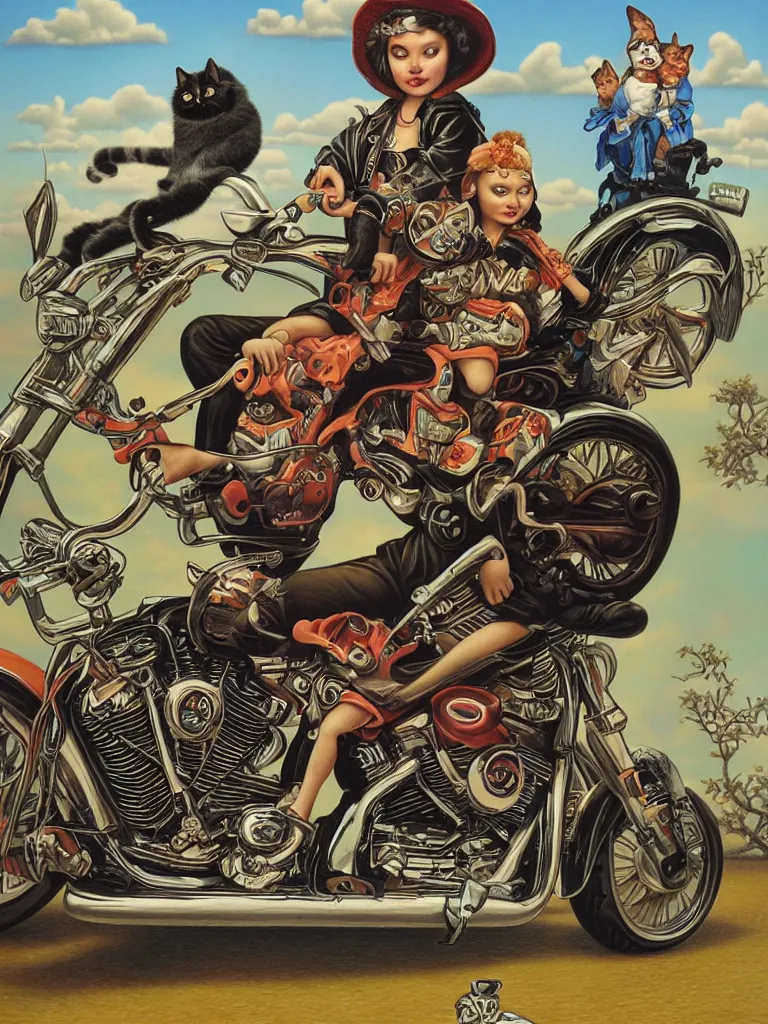 Image similar to a cat portrait riding Harley Davidson Mark Ryden and Alex Gross, Todd Schorr highly detailed