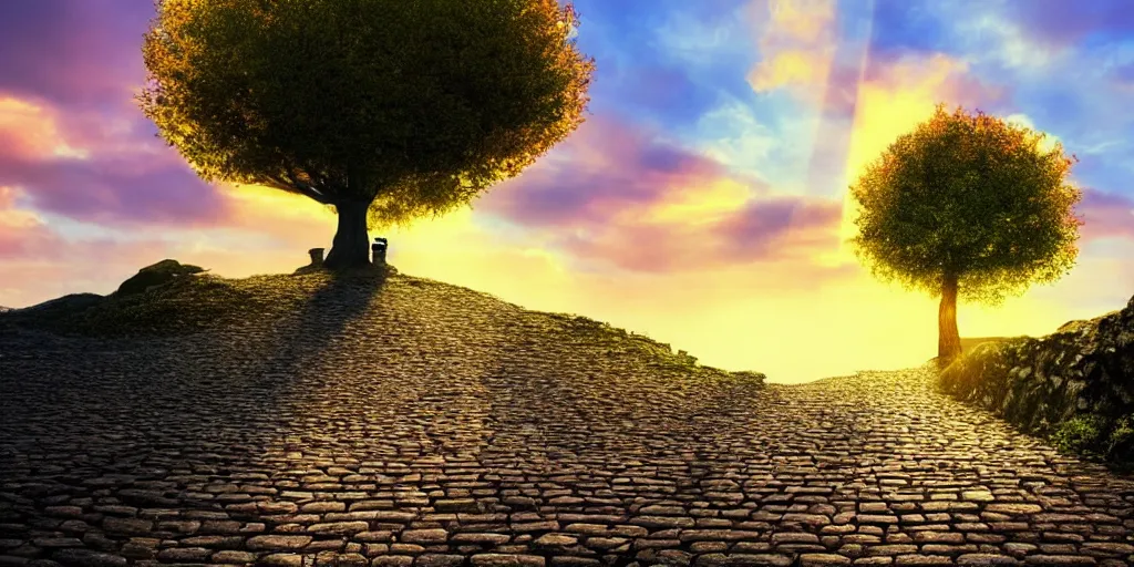 Prompt: a lonely cobblestone street with a tree on a cliff over the sea at sunset, brightly illuminated by rays of sun, artstation, colorful pixel art, low camera angle