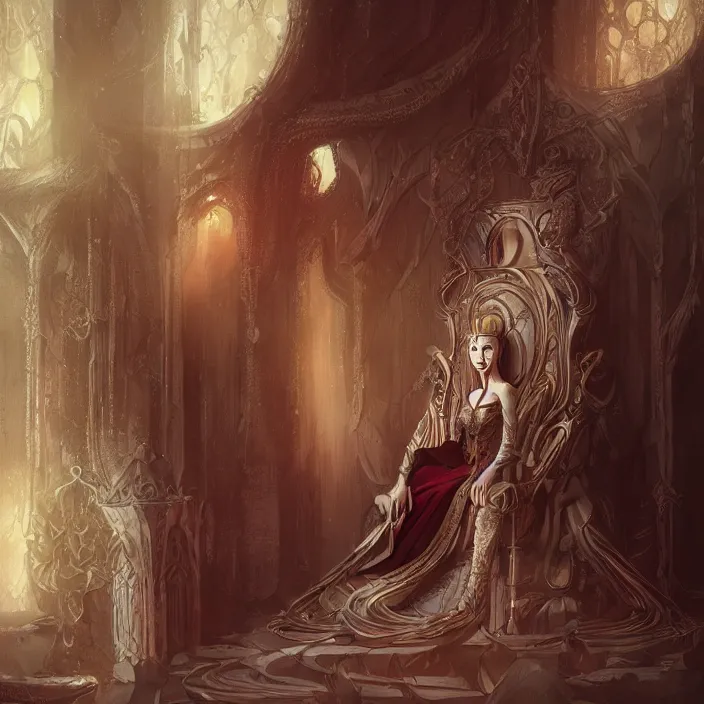 Image similar to cruel elvish empress in her throne, fantasy, d & d, digital painting, art station, by wlop