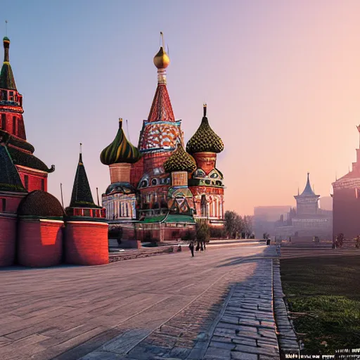 Image similar to chinese - style kremlin and chinese st. basil's cathedral on wide stone square at dawn, portrait of mao on the kremlin, gentle dawn, ultrarealistic, hd, octane rendering, by ivan shishkin and andrei tarkovsky