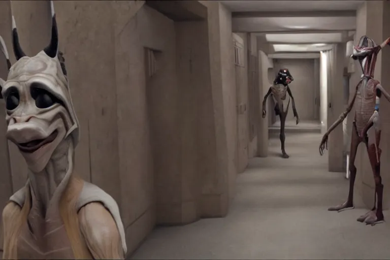 Prompt: a handheld camera found footage recording of jar jar binks in the backrooms in star wars, empty, unsettling, extremely high detail, 8 k, unreal engine, photorealism, hyperrealism