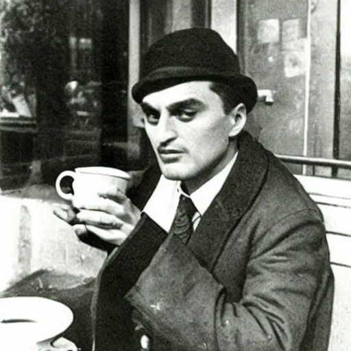 Prompt: Vladimir Mayakovsky drinking coffee at Starbucks