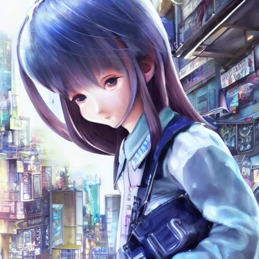 Image similar to dynamic composition, motion, ultra-detailed, incredibly detailed, a lot of details, amazing fine details and brush strokes, colorful and grayish palette, smooth, HD semirealistic anime CG concept art digital painting, watercolor oil painting of Clean and detailed post-cyberpunk sci-fi close-up schoolgirl in asian city in style of cytus and deemo, blue flame, relaxing, calm and mysterious vibes,, by a Chinese artist at ArtStation, by Huang Guangjian, Fenghua Zhong, Ruan Jia, Xin Jin and Wei Chang. Realistic artwork of a Chinese videogame, gradients, gentle an harmonic grayish colors. set in half-life 2, Matrix, GITS, Blade Runner, Neotokyo Source, Syndicate(2012), dynamic composition, beautiful with eerie vibes, very inspirational, very stylish, with gradients, surrealistic, dystopia, postapocalyptic vibes, depth of field, mist, rich cinematic atmosphere, perfect digital art, mystical journey in strange world