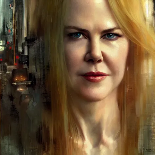 Image similar to nicole kidman, hyperrealistic portrait, bladerunner street, art of elysium by jeremy mann and alphonse mucha, fantasy art, photo realistic, dynamic lighting, artstation, poster, volumetric lighting, very detailed face, 4 k, award winning