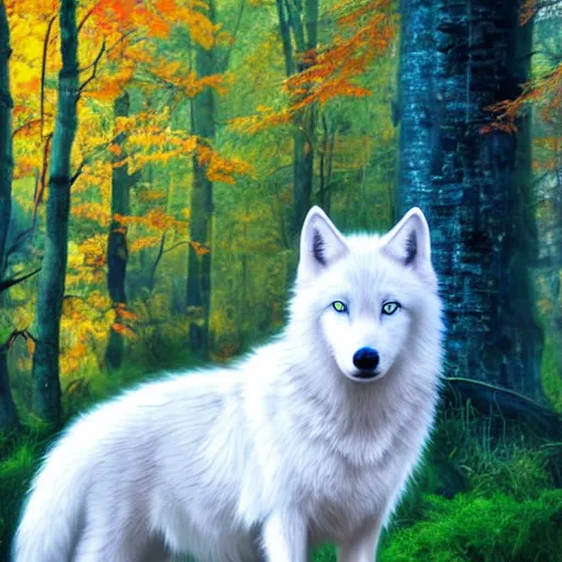 Prompt: white wolf with blue eyes in the autumn forest, blue eyes, realistic, 8 к, fullbody
