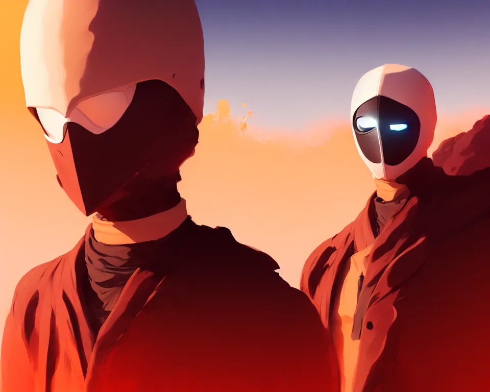 Image similar to white masked man in front of burning desert, by ilya kuvshinov, greg rutkowski and makoto shinkai, trending on artstation