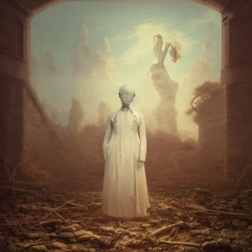 Image similar to hyperrealistic surrealism, dreamscape, david friedrich, award winning masterpiece with incredible details, zhang kechun, a surreal vaporwave vaporwave vaporwave vaporwave vaporwave painting by thomas cole of a gigantic broken mannequin head sculpture in ruins, astronaut lost in liminal space, highly detailed, trending on artstation