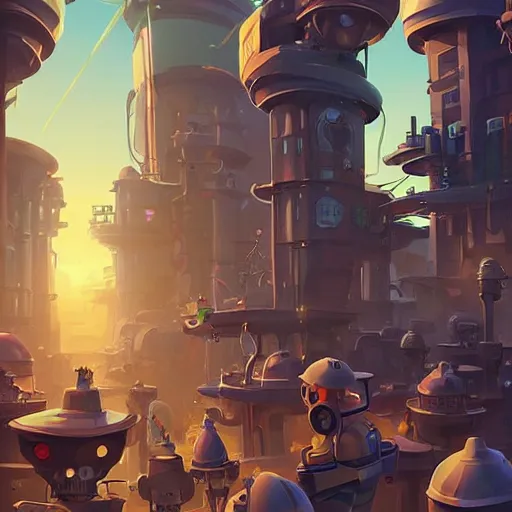Prompt: painting overpopulated sci - fi steampunk city being built by happy construction robots on sea of thieves game avatar hero smooth face median photoshop filter cutout vector, behance hd by jesper ejsing, by rhads, makoto shinkai and lois van baarle, ilya kuvshinov, rossdraws global illumination