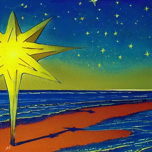 Image similar to a beautiful painting of a sunny beach with a star filled sky above by moebius