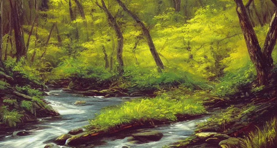 Image similar to a breathtaking painting of a stream in a forest by Bob ross