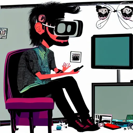 Image similar to goth computer nerd in a cluttered room wearing a vr headset, by jamie hewlett, character concept, aesthetic!!,