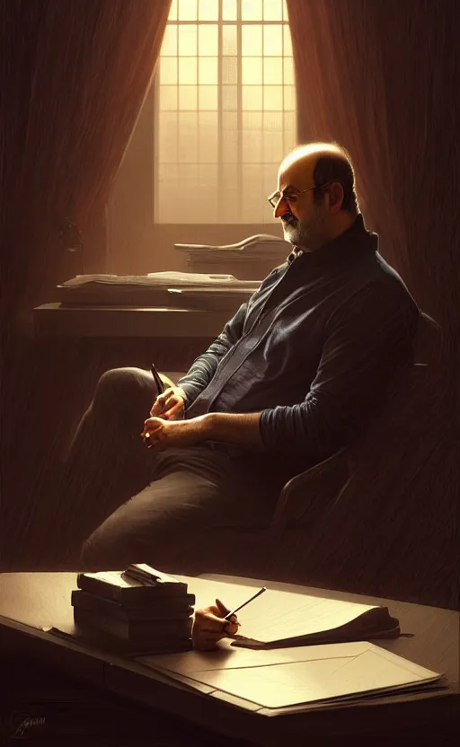 Image similar to portrait of salman rushdie writing in the dark, deep focus, blade runner 2 0 4 9, fantasy, intricate, elegant, highly detailed, digital painting, artstation, concept art, matte, sharp focus, illustration, art by artgerm and greg rutkowski and alphonse mucha