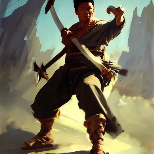 Image similar to greg manchess portrait of a filipino fighter dropping his sword, organic painting, sunny day, matte painting, bold shapes, hard edges, street art, trending on artstation, by huang guangjian, gil elvgren, ruan jia, randy vargas, greg rutkowski