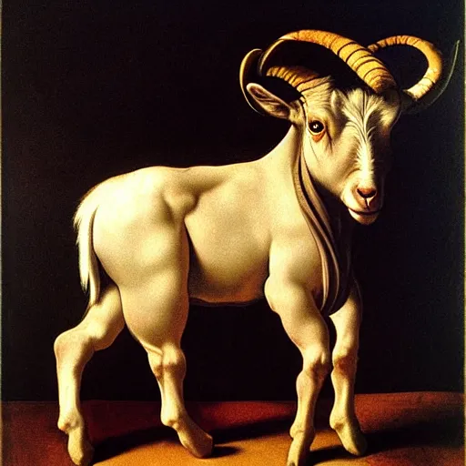 Prompt: majestic painting of a standing goat by Michelangelo Merisi da Caravaggio