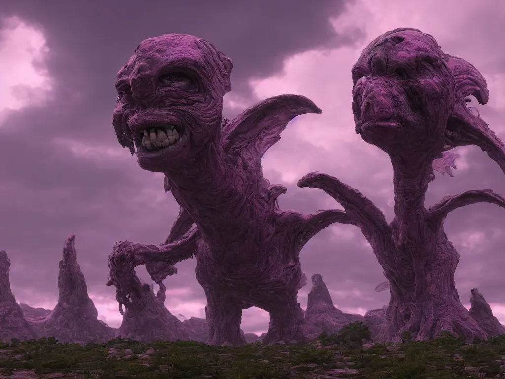 Image similar to a grotesque alien landscape, purple sky and weird alien structures, cinematic, unreal engine 5