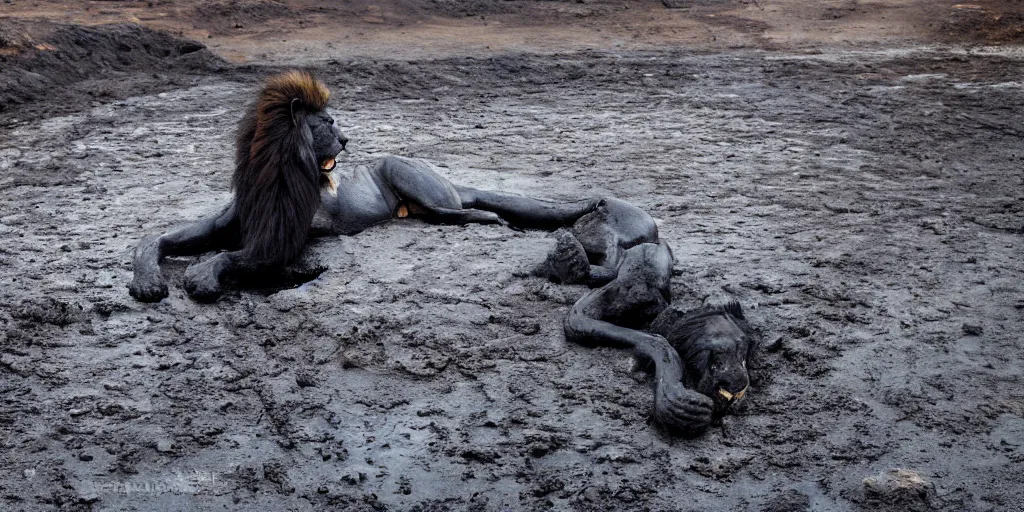 Image similar to a shiny, black, lion made of tar laying inside the tar pit, full of tar, covered with liquid tar. dslr, photography, realism, animal photography, color, savanna, wildlife photography