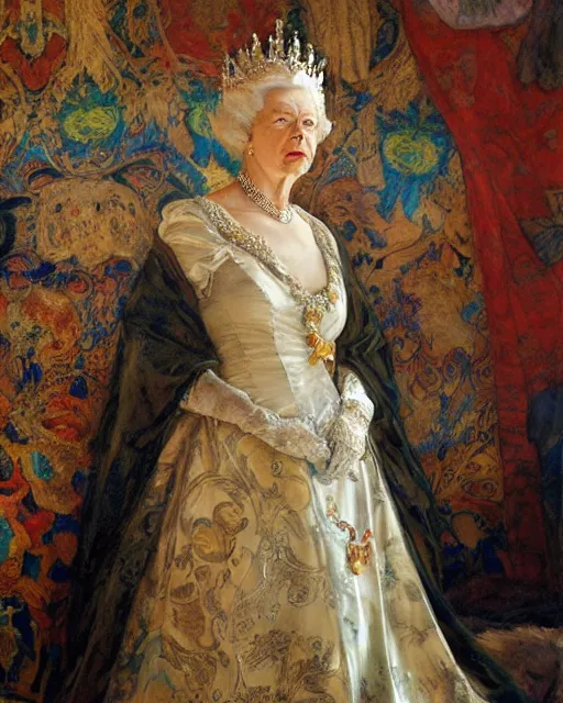 Prompt: queen elizabeth, portrait painting by richard schmid, edgar maxence, kehinde wiley, thomas moran, maxfield parrish, studio ghibli, loish, alphonse mucha, fashion photography