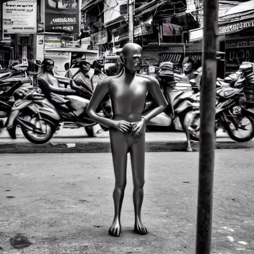 Prompt: wire in human form stand alone in the street of bangkok, photo realistic