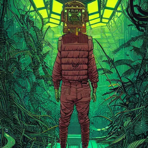 Prompt: stunningly intricate portrait of a single cyberpunk explorer in a lush forest, highly detailed, midnight, by victo ngai and afarin sajedi, moebius, laurie greasley