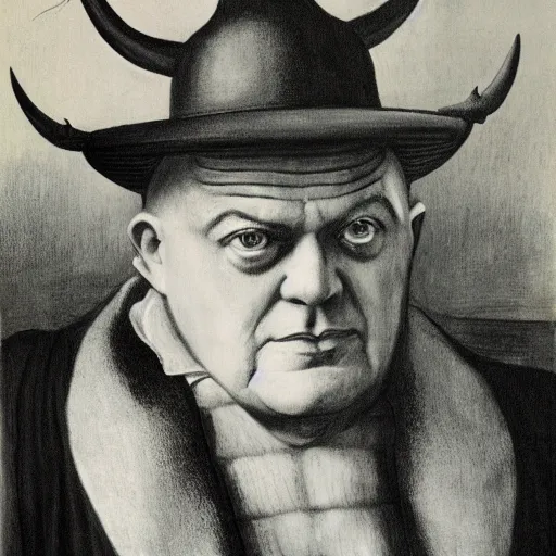Image similar to Aleister Crowley with horns and hooves by Raphael, Hopper, and Rene Magritte. detailed, romantic, enchanting, trending on artstation