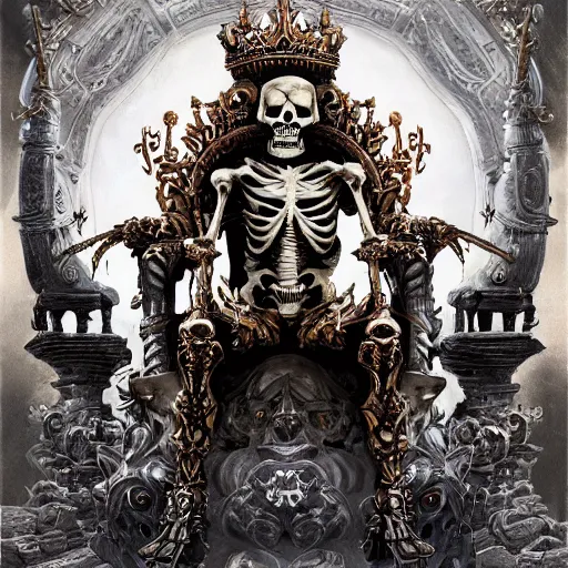 Image similar to high fantasy skeleton king android sitting on a ornate throne in an ornate palace by Stanley Artgerm Lau, frank frazetta, Rossdraws, James Jean, gerald brom, Andrei Riabovitchev, Marc Simonetti, and Sakimichan, trending on artstation, SFW version