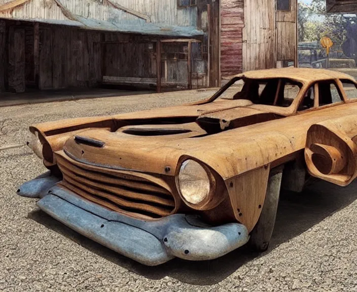 Prompt: a wooden sculpture of a vintage car from fallout 4, digital art by studio ghibli and greg rutkowski, beautiful, cute, hyperrealism artstyle, amazing lighting