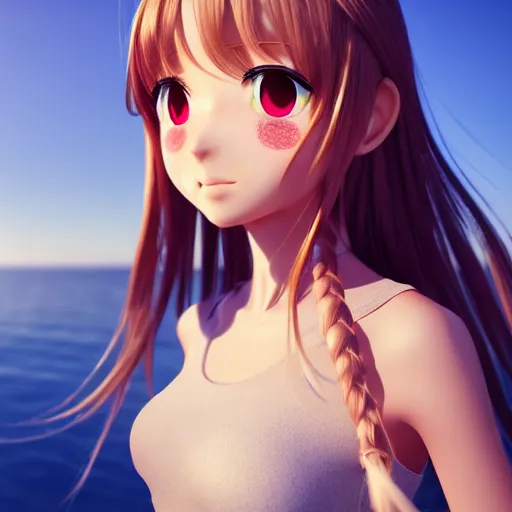 Image similar to Render of a very very very beautiful 3d anime girl, long hair, hazel eyes, cute freckles, full round face, short smile, cute sundress, golden hour, serene beach setting, medium shot, mid-shot, highly detailed, trending on Artstation, Unreal Engine 4k