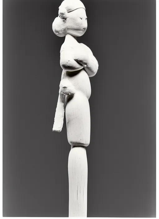 Image similar to realistic photo of a sculpture model of white cloud, standing on a wooden stick, front view 1 9 9 0, life magazine reportage photo, metropolitan museum photo