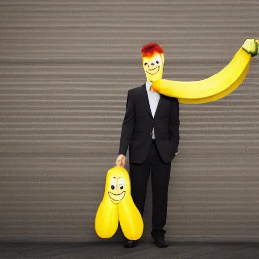 Image similar to a person with a banana head wearing a business suit