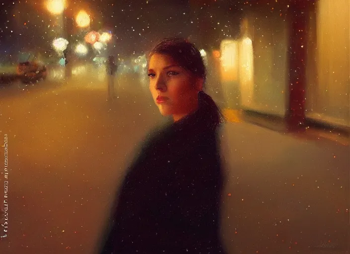 Image similar to detailed portrait of a woman with green eyes in the city street at night, bokeh, long exposure, painting by jeremy lipking christopher doyle