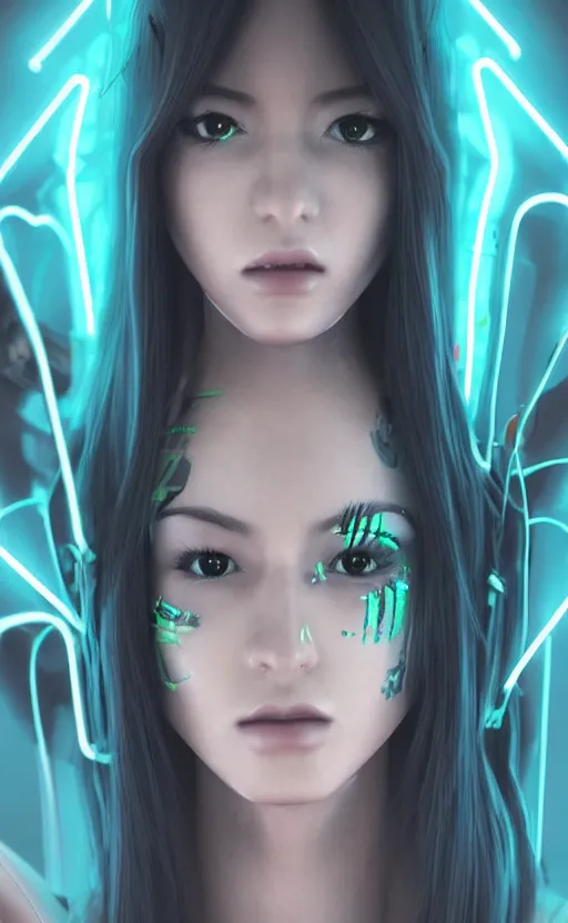 Image similar to a cyberpunk girl wearing neon hoodie, chrome, neon light, japan, perfect face, high detailed, realistic, preatty face, asian, long hair, cyberpunk, geisha, arcane style, 3 d mix with 2 d