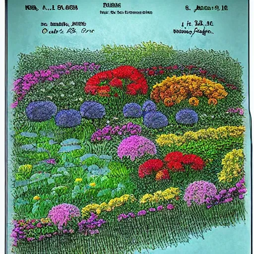 Prompt: a patent drawing of a gorgeous garden on the edge of a cliff filled with beautiful flowers of all colors and from all around the world