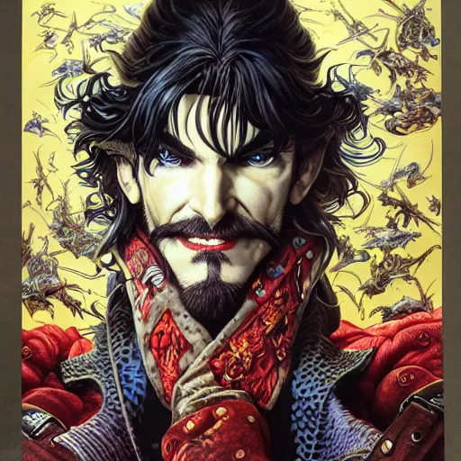 Image similar to portrait of crazy captain hook, symmetrical, hyper detailed, by yoichi hatakenaka, masamune shirow, josan gonzales and dan mumford, ayami kojima, takato yamamoto, barclay shaw, karol bak, yukito kishiro