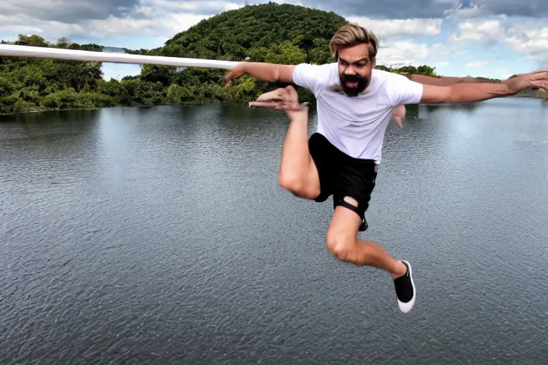 Prompt: pewdiepie jumping off a bridge