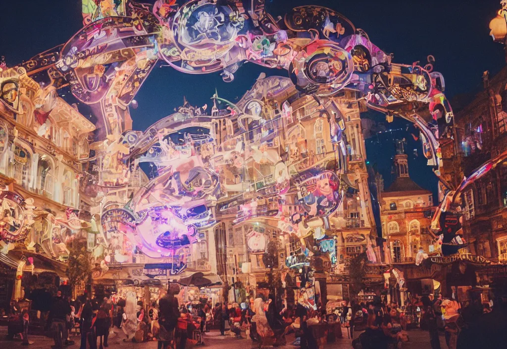 Image similar to 3 d 🎠 popping out of curved screen, town square, volumetric lighting, bokeh, creterion collection, shot on 7 0 mm, instax