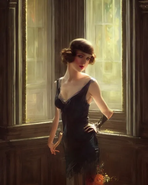 Image similar to daniel gerhartz and artgerm portrait digital painting of a 1 9 2 0 s beautiful woman at a party in a mansion, mansion interior in the background, unreal engine, hyper realism, realistic shading, cinematic composition, realistic render, octane render, detailed textures, photorealistic, ultrawide shot, 3 5 mm film