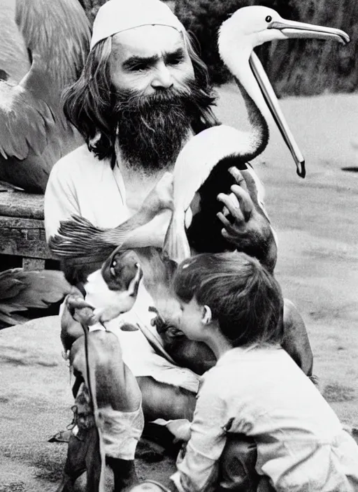 Image similar to vintage pharamaceutical magazine advertisement depicting charles manson feeding pelicans to children