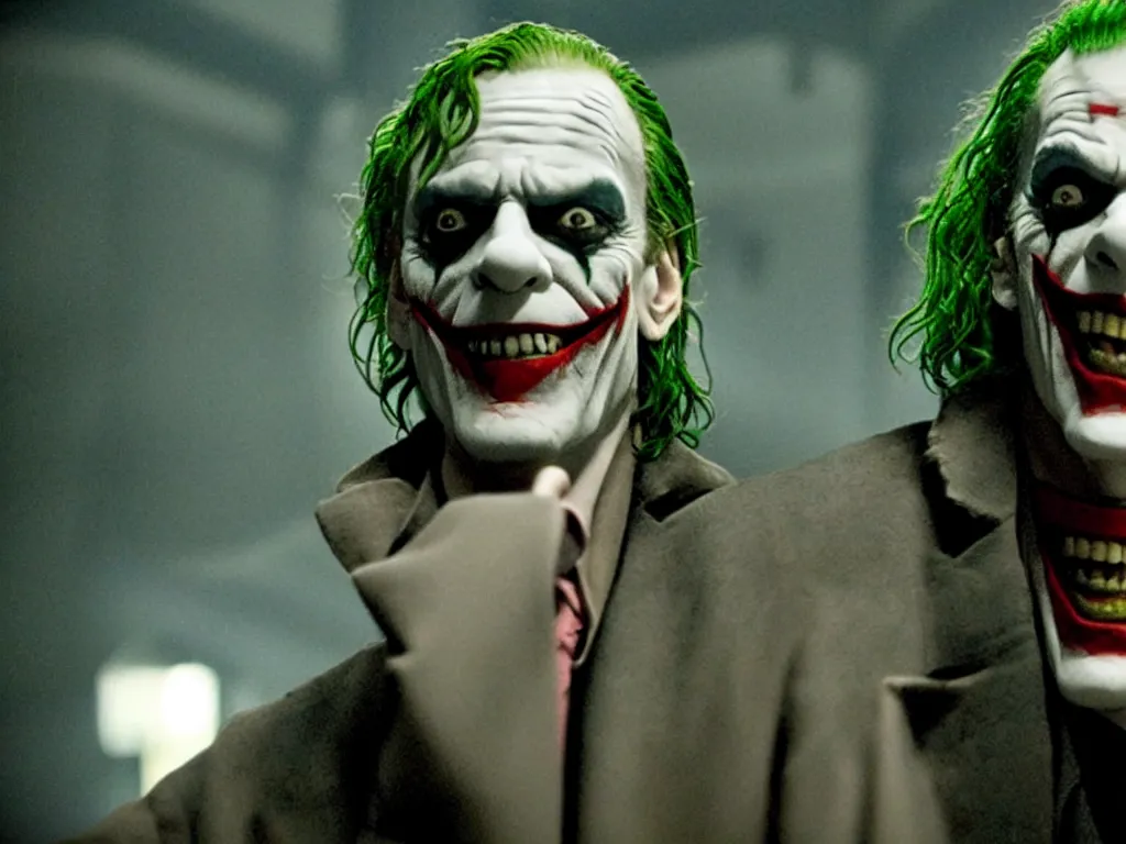 Image similar to film still of christopher lloyd as the joker in the dark knight ( 2 0 0 8 ) movie