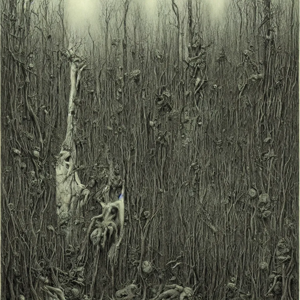 Image similar to a dark forest infested with vile, disgusting, horrible, contorted, insectoid, repugnant, evil, nauseating, vomit, grimy, demonic, insects, style of zdislaw beksinski