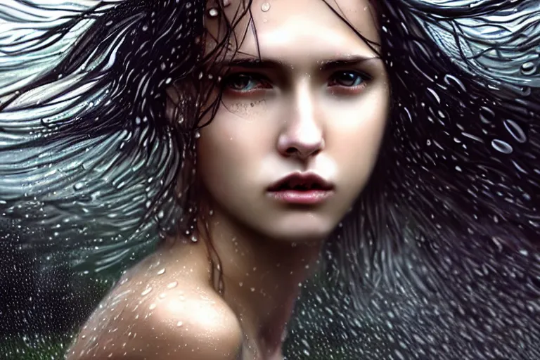 Image similar to girl flying freely in rain with wet hair and face, flowing hair, fantasy, captivating dynamic facial expression, intricate, elegant, dramatic lighting, emotionally evoking symbolic metaphor, highly detailed, lifelike, photorealistic, digital painting, artstation, concept art, smooth, sharp focus, illustration, art by John Collier and Albert Aublet and Krenz Cushart and Artem Demura and Alphonse Mucha