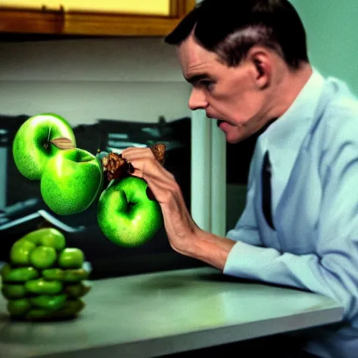 Image similar to alan turing eating a green apple realistic cinematic 3 5 mm hdr