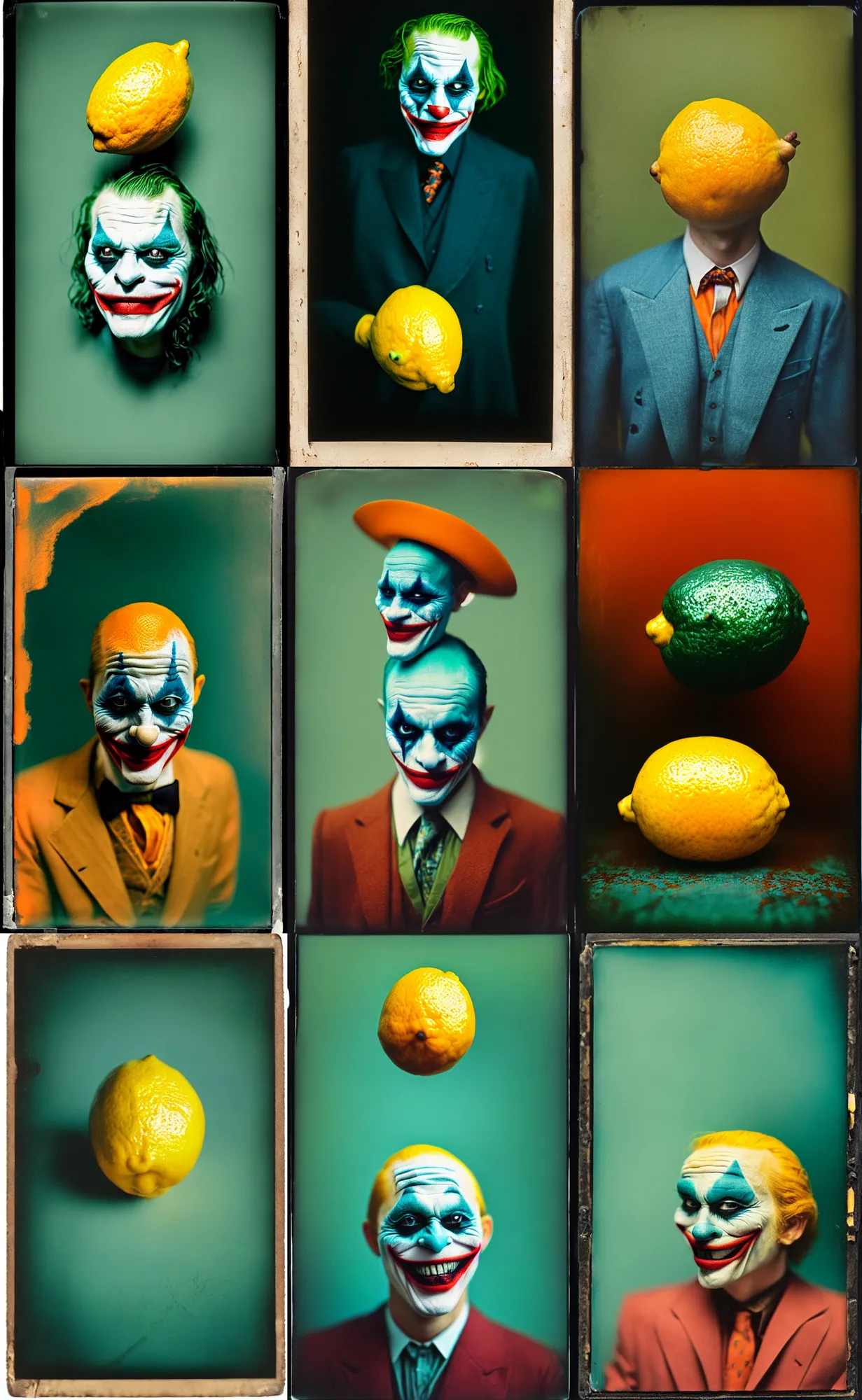 Image similar to kodak portra 4 0 0, wetplate, 8 k, shot of a highly detailed, britt marling style, colour still - life portrait of a lemon looks like 1 9 9 9 joker, teal and orange, muted coloures