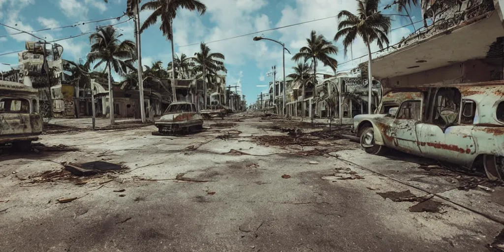 Image similar to low wide angle shot of dilapidated fallout 5 miami, tropical coastal city in real life, desolate, dilapidated, empty streets, some rusted retro futuristic vintage styled parked vehicles like cars, buses, trucks, trams, sunny weather, few clouds, volumetric lighting, photorealistic, daytime, spring, sharp focus, ultra detailed